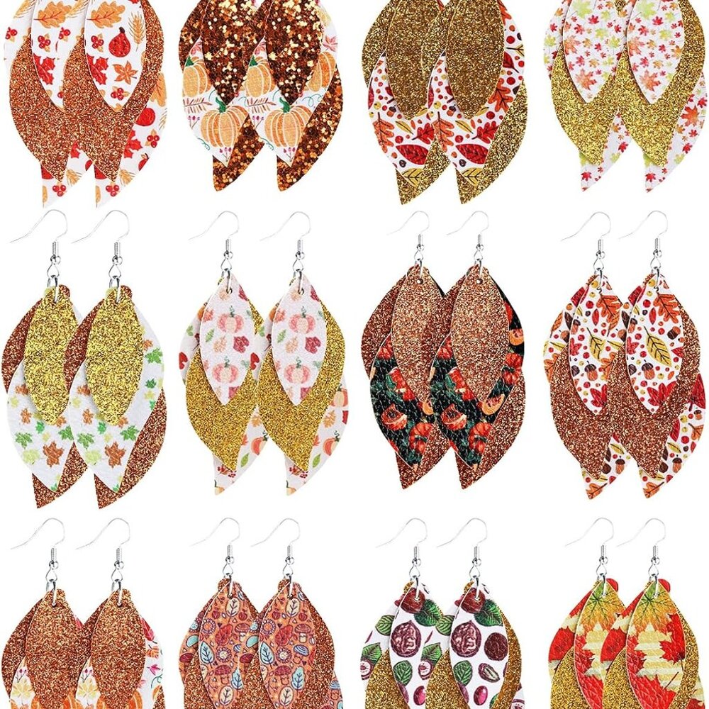 12 Pairs Faux Leather Earrings for Women Handmade Teardrop Lightweight Leopard P